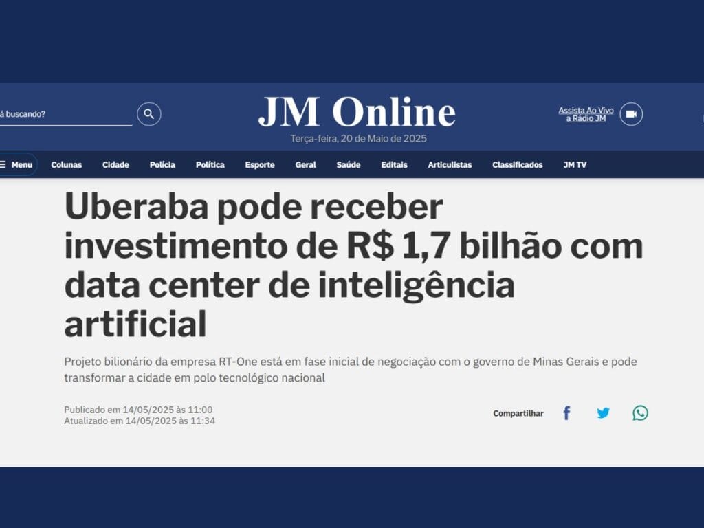 Uberaba pode receber investimento de R$ 1,7 bilhão com data center de inteligência artificial